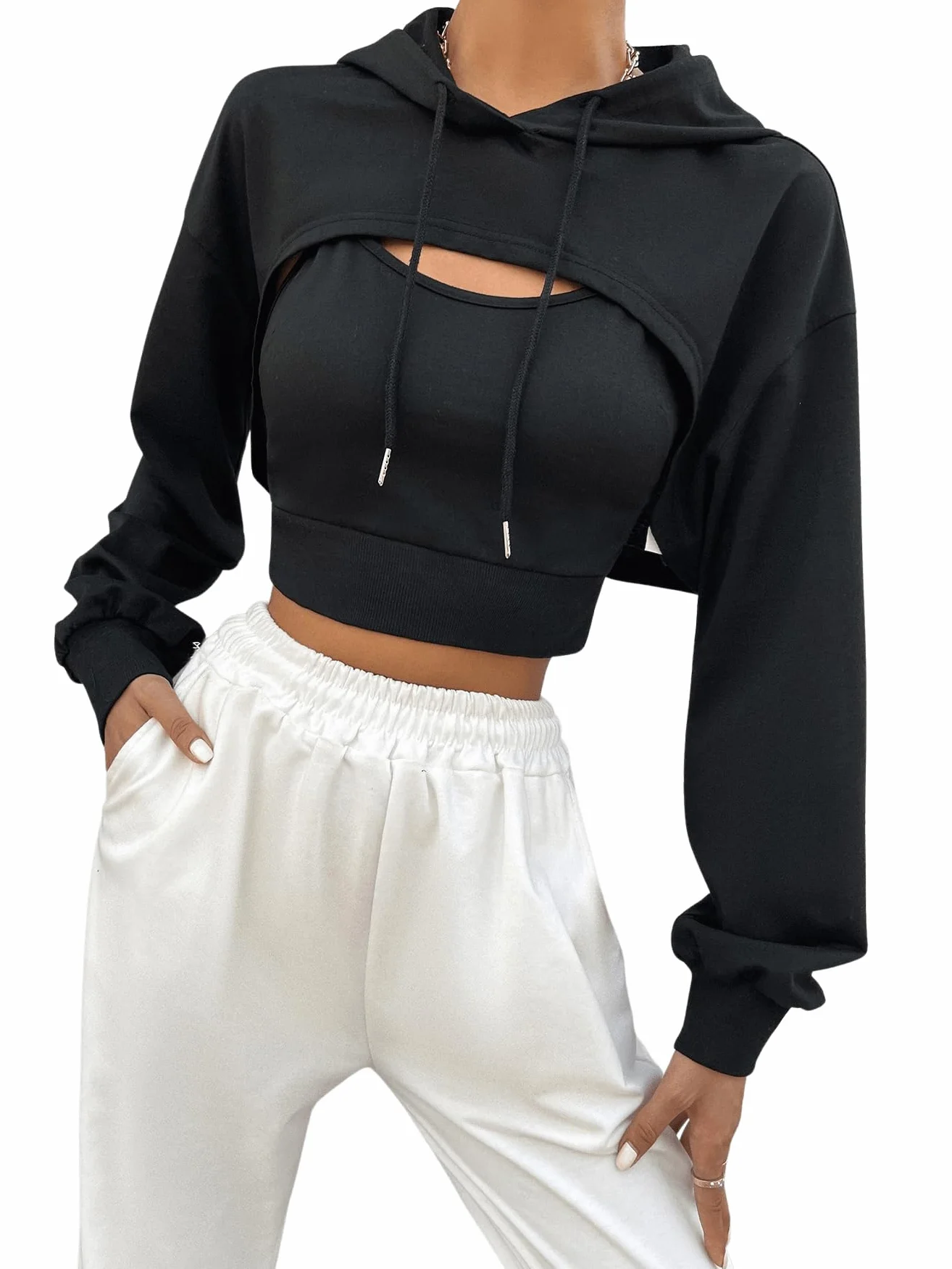 GORGLITTER Damska bluza z kapturem Super Crop 2 w 1, bluza z kapturem, z długim rękawem, ze ściągaczem