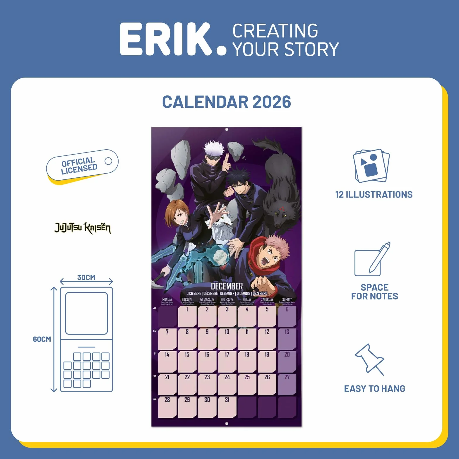 Grupo Erik Wall Calendar 2026 - Jujutsu Kaisen Calendar 2026 | Square 30 x 30 cm - 12 x 12 inches Wall Planner, Family Planner Month To View | Jujutsu Kaisen Manga, Anime Gifts For Friends