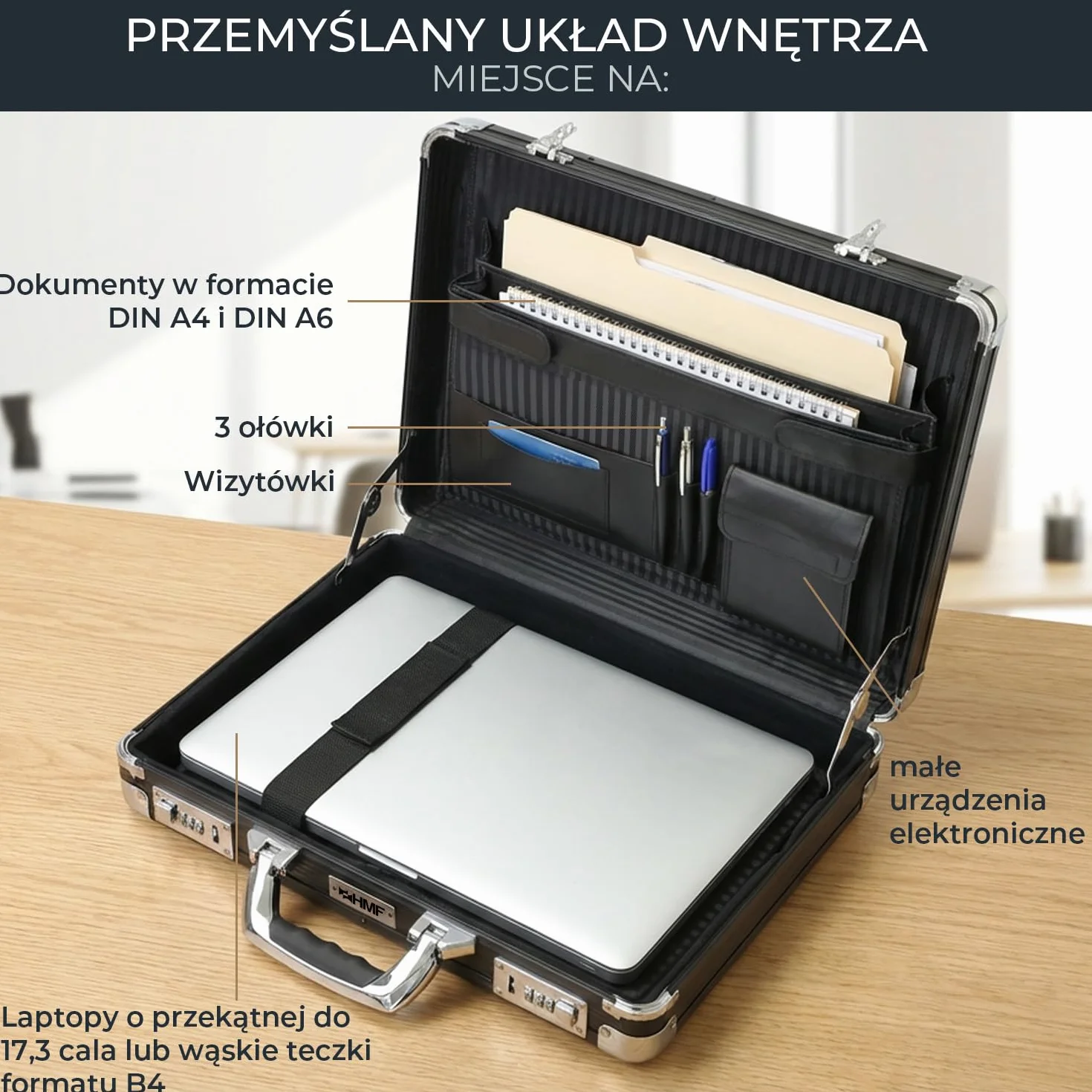 HMF 14651-02 Aluminiowa walizka męska z kłódką szyfrową czarna 45 x 33 x 11 cm