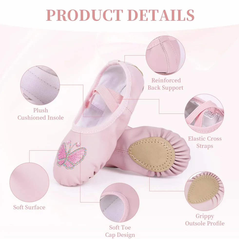 Buty baletowe dla dziewczynek – lekkie buty baletowe ze skórzaną podeszwą, różowe motyle dla dzieci z elastycznymi, skrzyżowanymi paskami, odpowiednie do jogi, baletu, tańca, gimnastyki