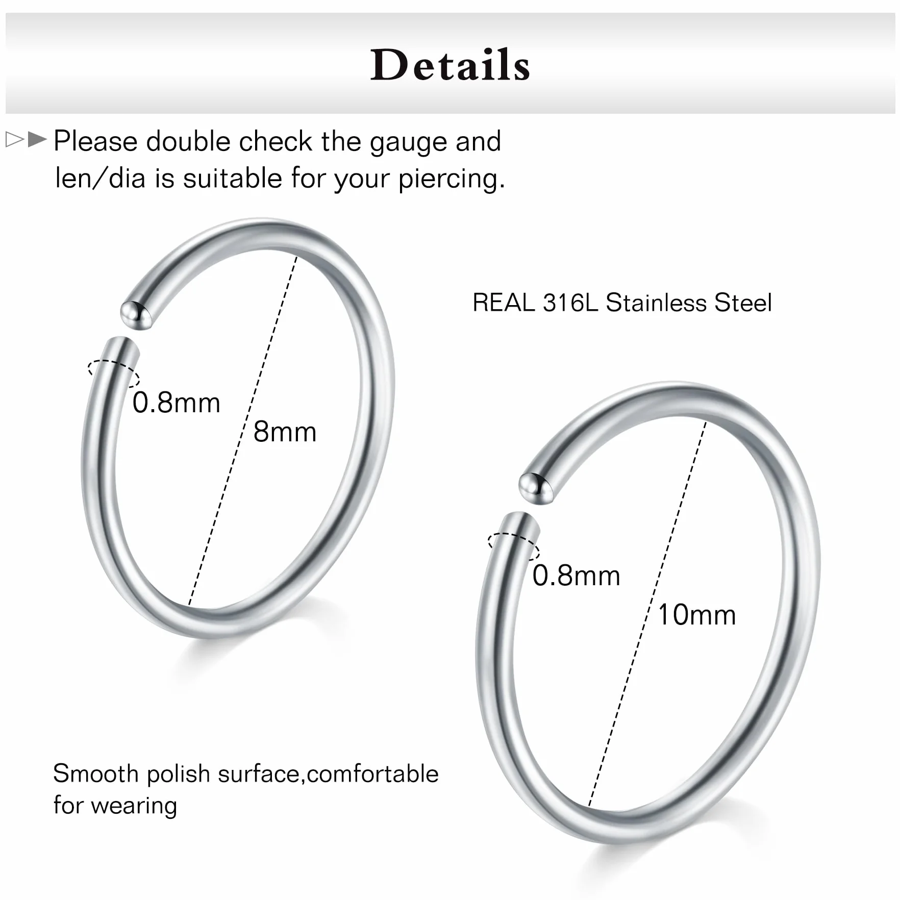 FECTAS Pierścionek do nosa 20 g, srebrny, złoty, czarny, kolczyk do nosa, 8 mm, 10 mm, 12 mm, hipoalergiczny kolczyk do nosa ze stali nierdzewnej, grubość 0,8 mm, 7 mm, kolczyk do nosa z cyrkonią