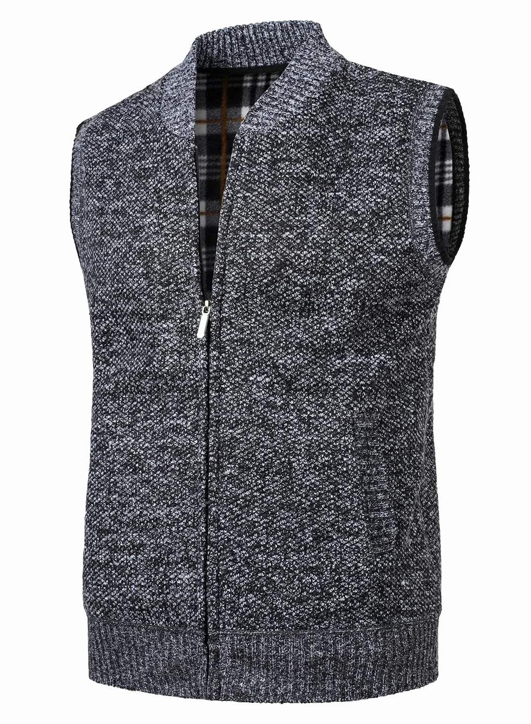 Męski dzianinowy kardigan bez rękawów, zamek błyskawiczny, dekolt w serek, kamizelka, klasyczny sweter z dzianiny, kamizelka slim fit, kurtka, topy z kieszeniami