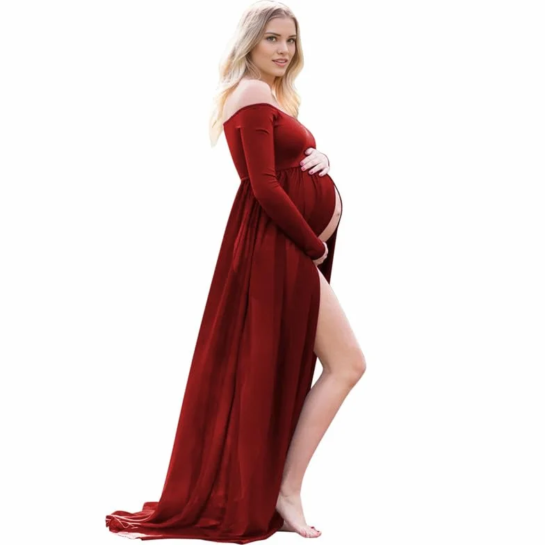 Sukienka ciążowa sesja zdjęciowa z odsłoniętymi ramionami suknia bez ramiączek fotografia podzielony przód długi rękaw pełna długość sukienka baby shower sukienki ciążowe jeden rozmiar