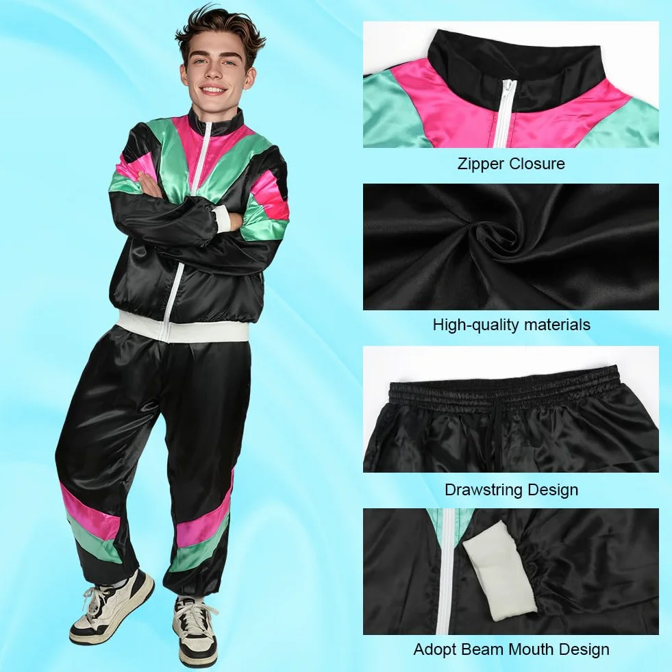 Zestaw kostiumowy dyskotekowy z lat 70., zestaw kostiumowy dla mężczyzn, stylowy strój sportowy retro odpowiedni do odgrywania ról i imprez rave w stylu lat 70. i 80