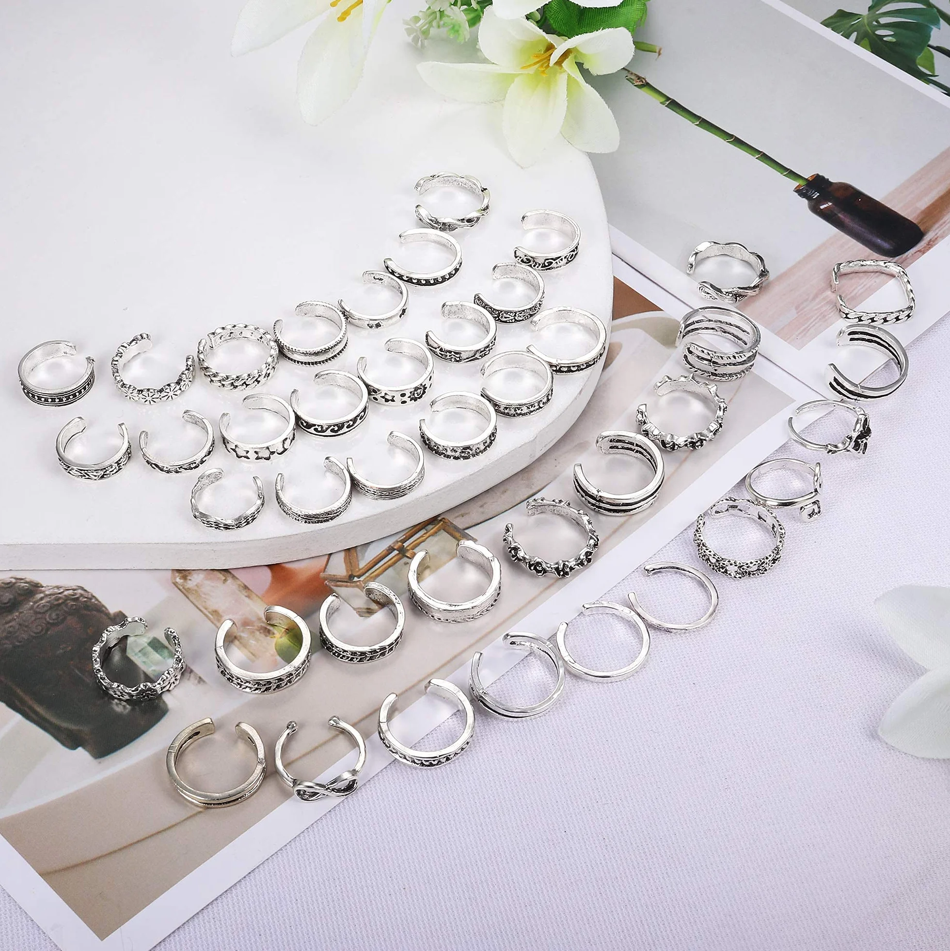LOLIAS 40 szt. Zestaw damskich pierścionków z odkrytymi palcami, vintage, letnie pierścienie na stopy, styl boho, otwarte palce, pierścionki na palce w stylu retro, Miedź