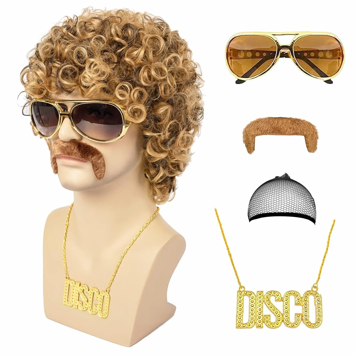 5-częściowy zestaw męskich peruk, w stylu lat 70., Disco Dude Dirt Bag, naszyjnik, wąsy, krótkie loki afro, peruka shaggy, dla mężczyzn, na karnawał, Halloween, imprezę