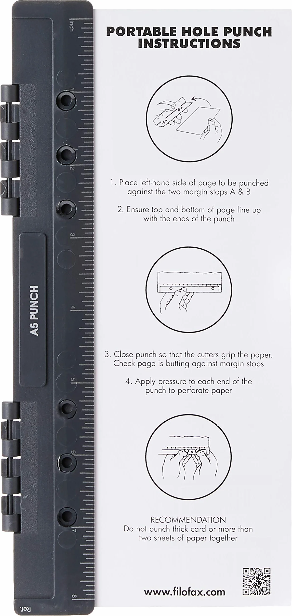 Filofax Przenośny Dziurkacz A5, Pasuje do Organizera A5, Zaprojektowany do Dziurkowania Jednego Arkusza Papieru na Raz, Kolor Czarny, Material Akryl, Skóra lub Sztuczna Rękojeść, Style Pojedynczy