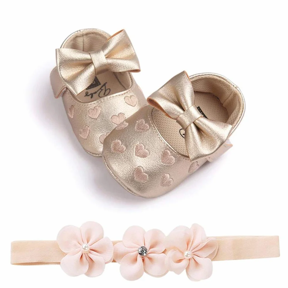 EDOTON 2 szt. buty dla małych dzieci + opaska na czoło dla dziewczynek, miękkie buty antypoślizgowe na specjalne okazje, chrzest, wesele, imprezy okolicznościowe, - A z?oto - 19 EU