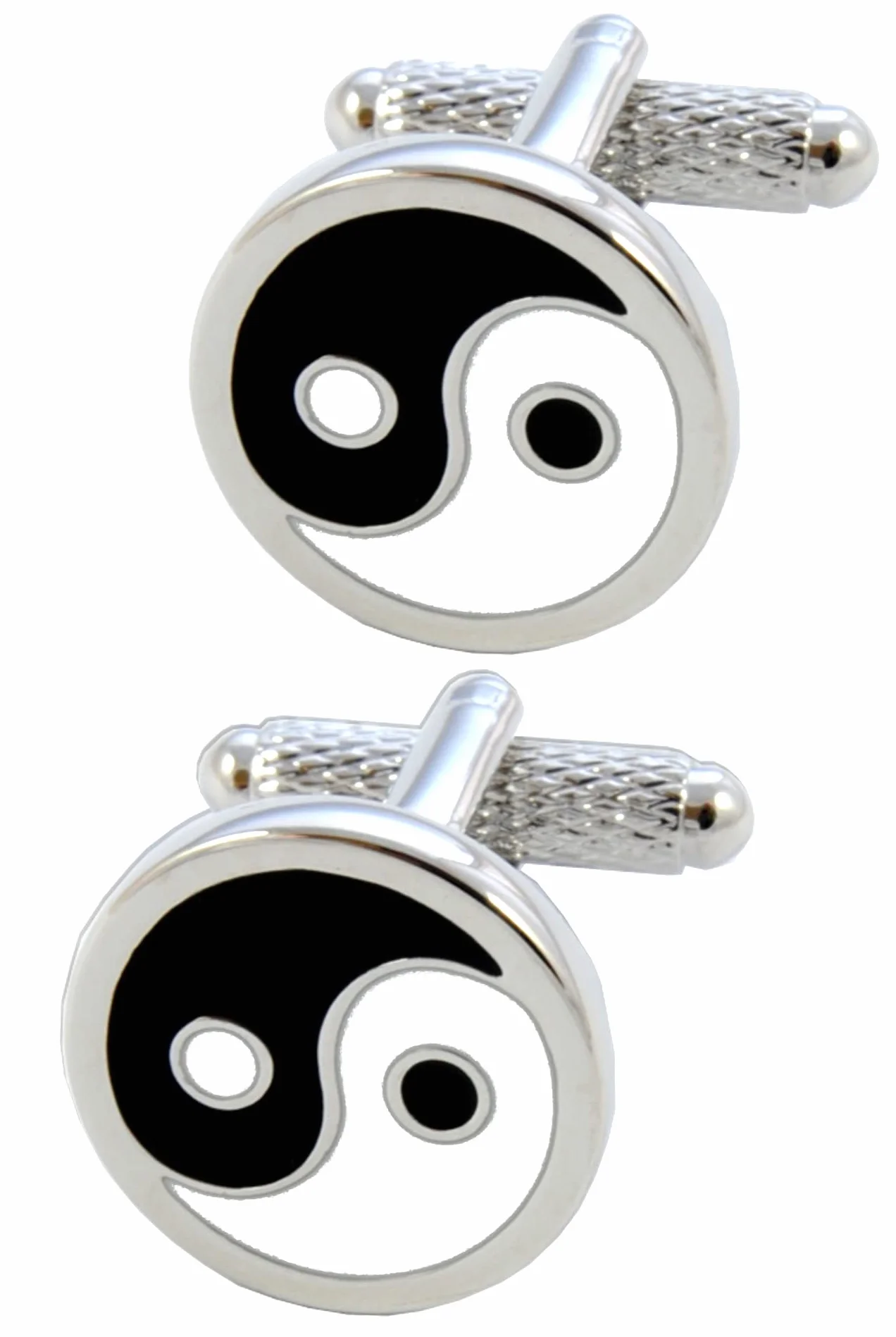 Spinki do mankietów dla mężczyzn + pudełko prezentacyjne - nowość - Yin i Yang - metal mosiężny - symbol przeciwstawny fali równości Ying - kolory czarny, biały i srebrny - jedna para