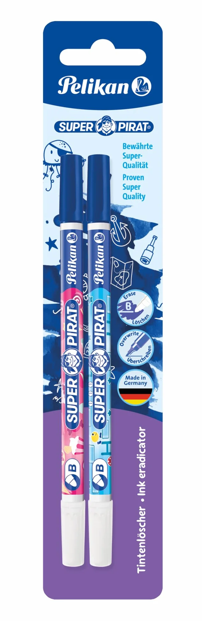 Pelikan® Super Pirat 850B 2szt Korektor do pióra atramentu 2 sztuki 2w1 Pisak Długopis | Zmazik Wymazywacz Zmazywacz | Do Szkoły Biura Na studia | Szybkie poprawianie błędów Korekta | Dla Uczniów