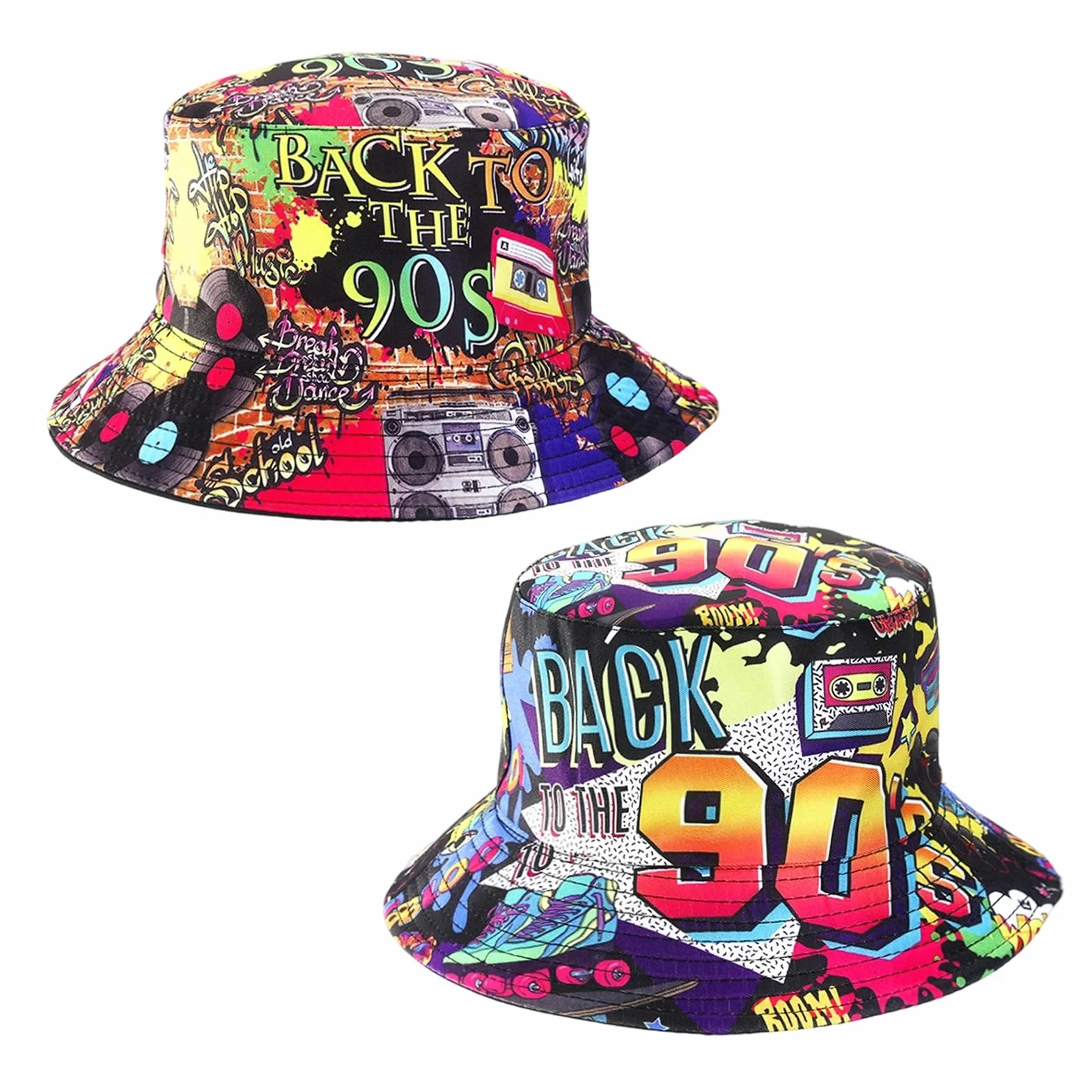 Zestaw 2 czapek rybackich w stylu lat 90., Hip Hop Bucket Hat Hat składany, dwustronny kapelusz rybacki, uniseks, retro, modne akcesoria z lat 90. dla kobiet i mężczyzn