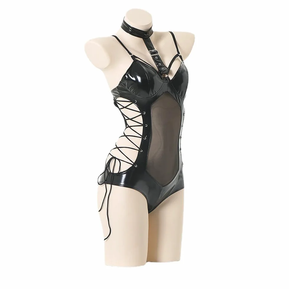 SINROYEE Damskie body Teddy Sexy Lace Up Leather Pu Nightout Jednoczęściowa odzież klubowa Seksowna bielizna cosplay