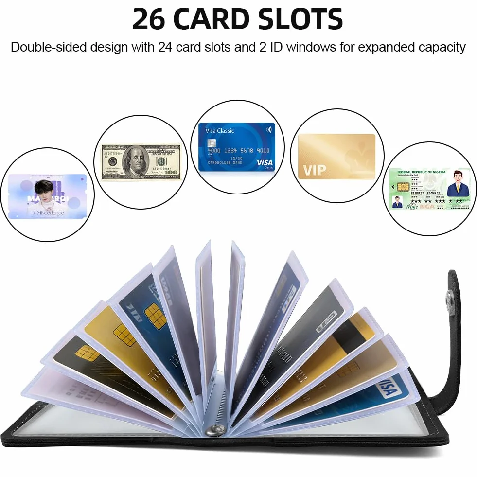 OSDUE Etui na karty kredytowe ze skóry PU, portfel RFID/NFC Secure Protection z 26 przegródkami chroniącymi przed kradzieżą, uchwytem na karty, wąskim portfelem męskim i damskim na dowód osobisty