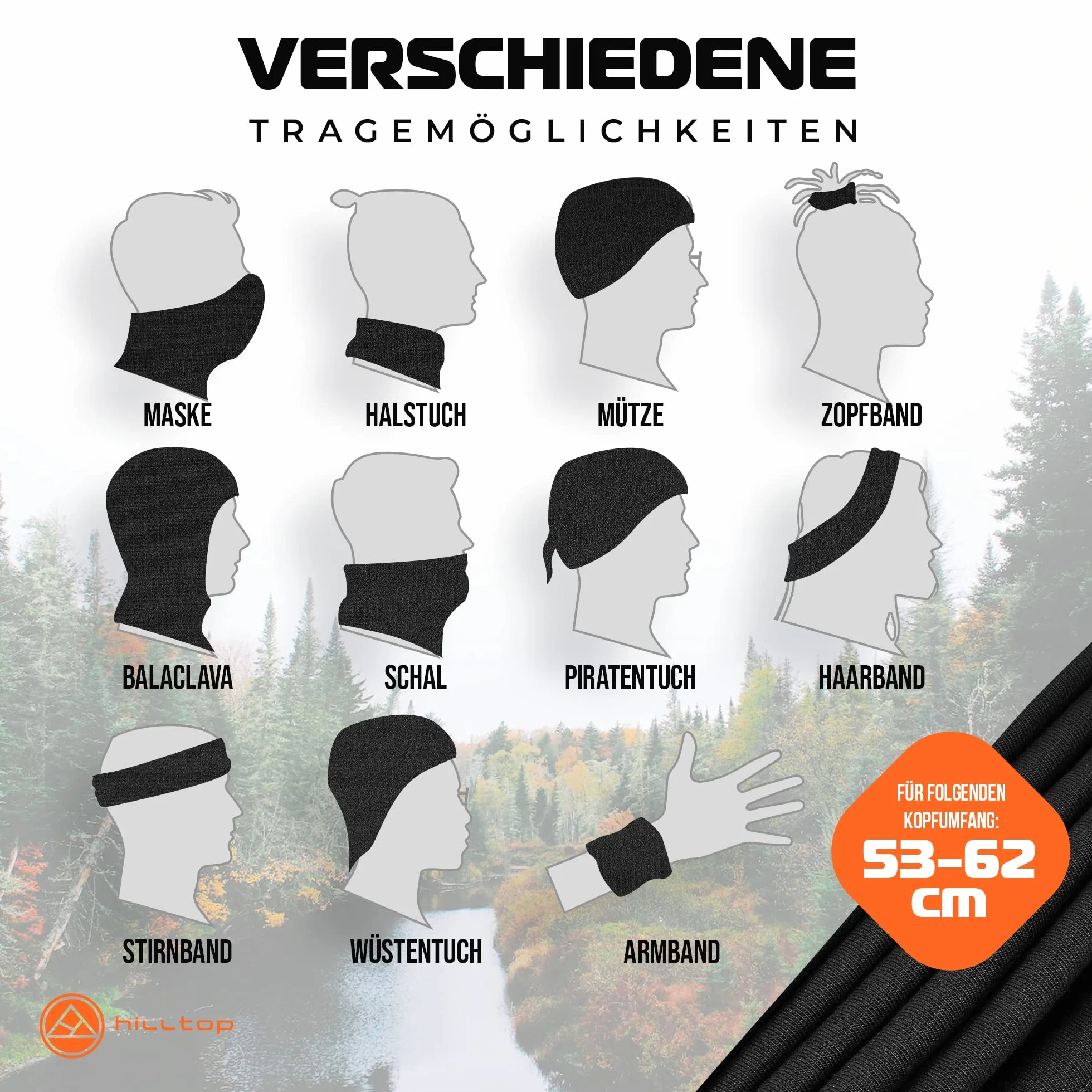 Hilltop Chusta wielofunkcyjna, chusta na szyję dla mężczyzn, szal kominowy, chusta na wąż, bandana z obszytymi krawędziami
