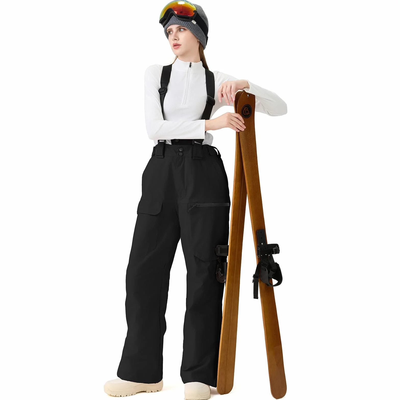ALSOGO Damskie spodnie narciarskie, wodoszczelne, izolowane, zimowe, snowboardowe, regulowane szelki, spodnie śniegowe, wiatroszczelne, ciepłe spodnie outdoorowe