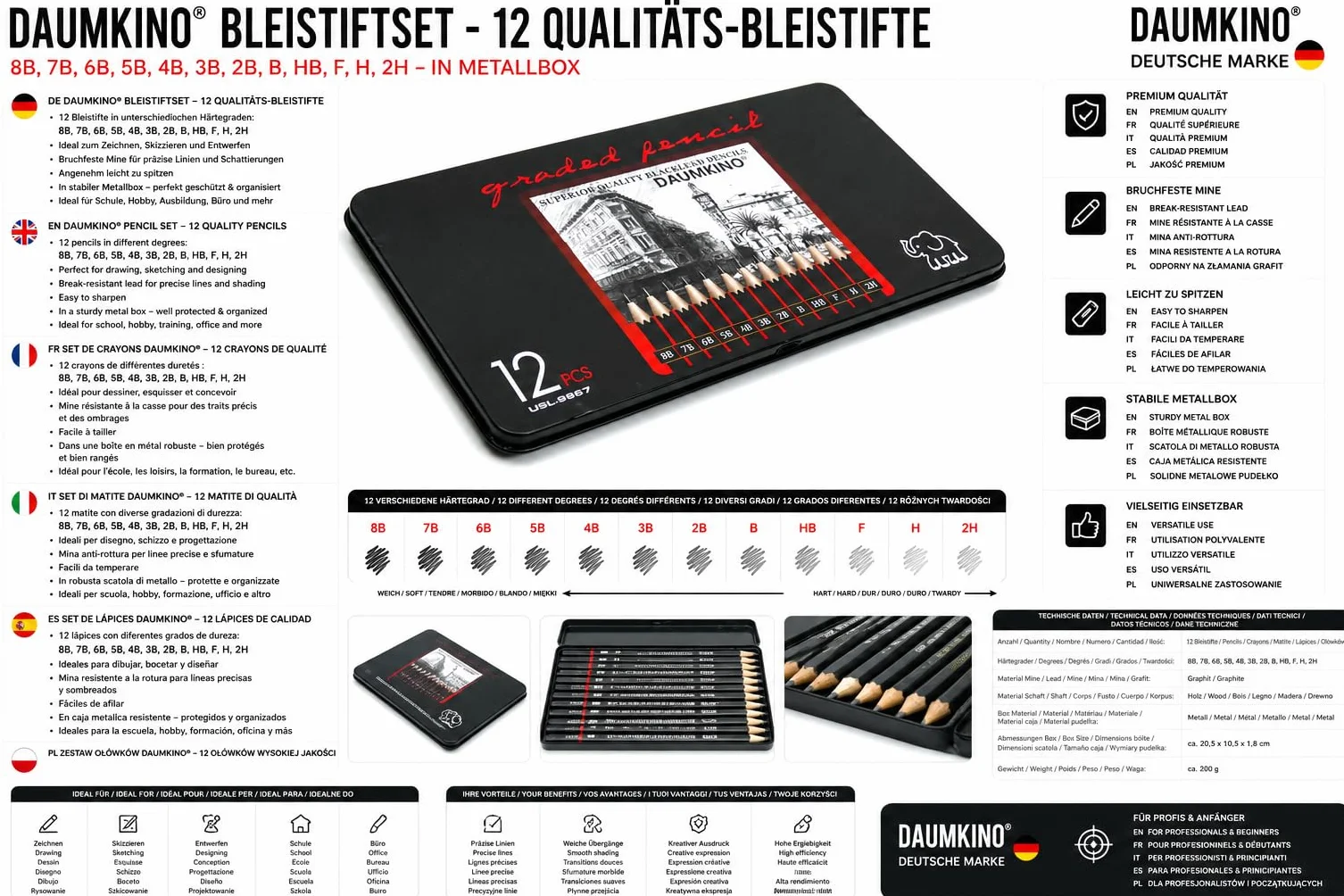 Zestaw ołówków z 12 wysokiej jakości ołówkami, bardzo miękkie 8B do twardego 2H, w metalowym pudełku, do rysowania, projektowania, szybkiego szkicowania i kreskowania, do domu i w podróży