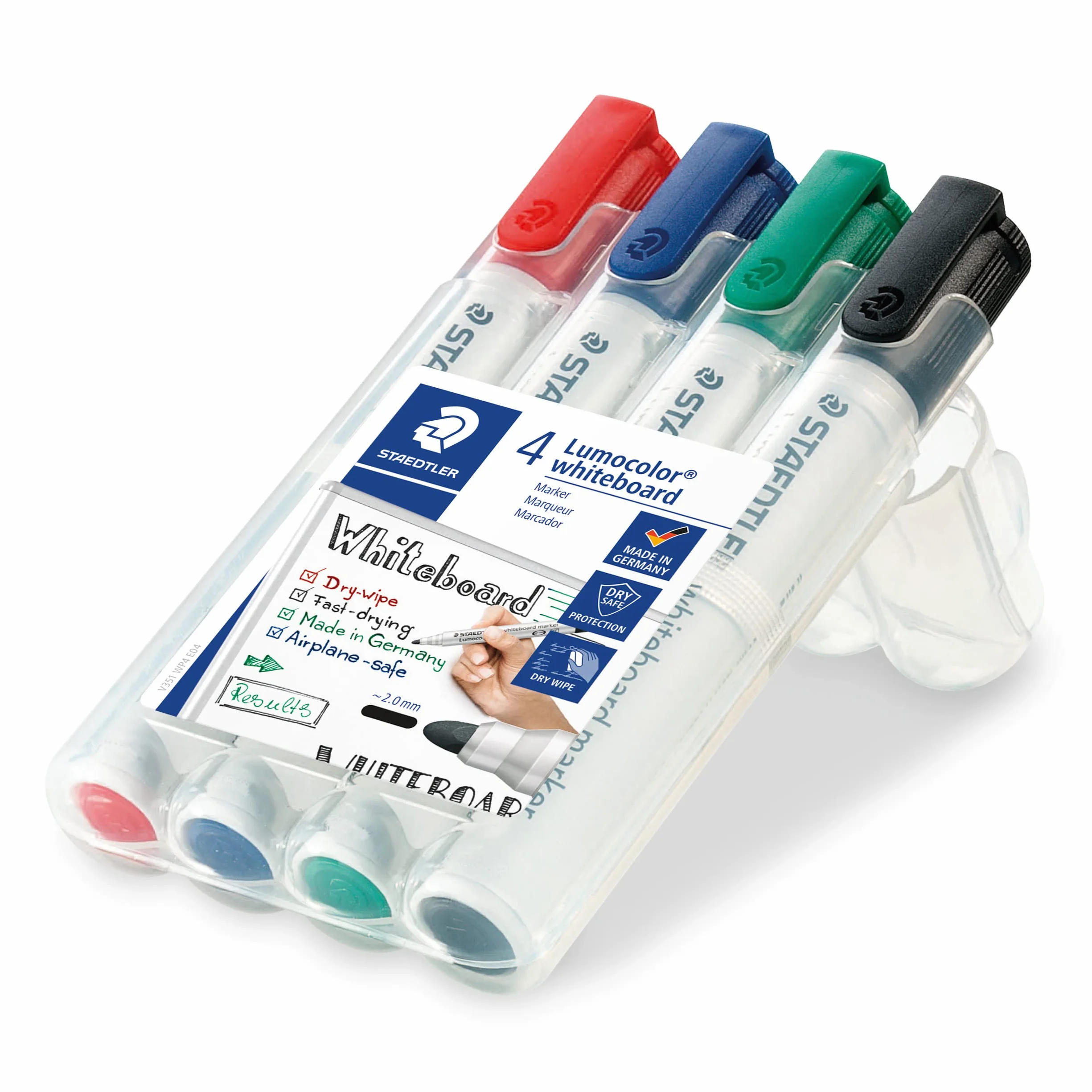 STAEDTLER 351 WP4P1X markery do tablic suchościeralnych Lumocolor, szerokość linii, ok. 2 mm, ścieralne na sucho, bez pozostawiania śladów, wysoka jakość, zestaw 4 markerów łącznie z gąbką