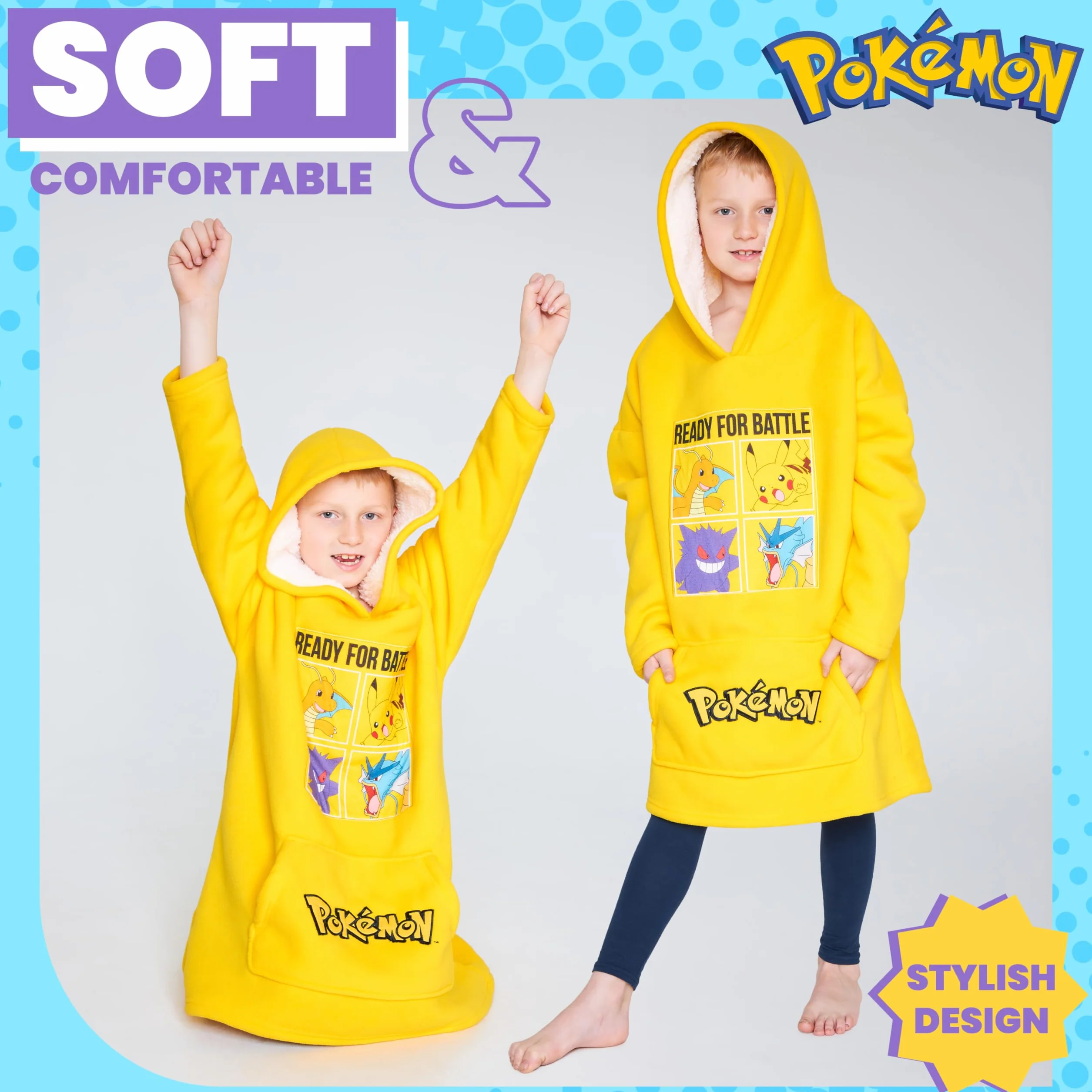 Pokemon Koc z polaru z kapturem dla dzieci i młodzieży - Dziecięca bluza oversize w jednym rozmiarze z podszewką Sherpa Prezenty dla dzieci (żółty)