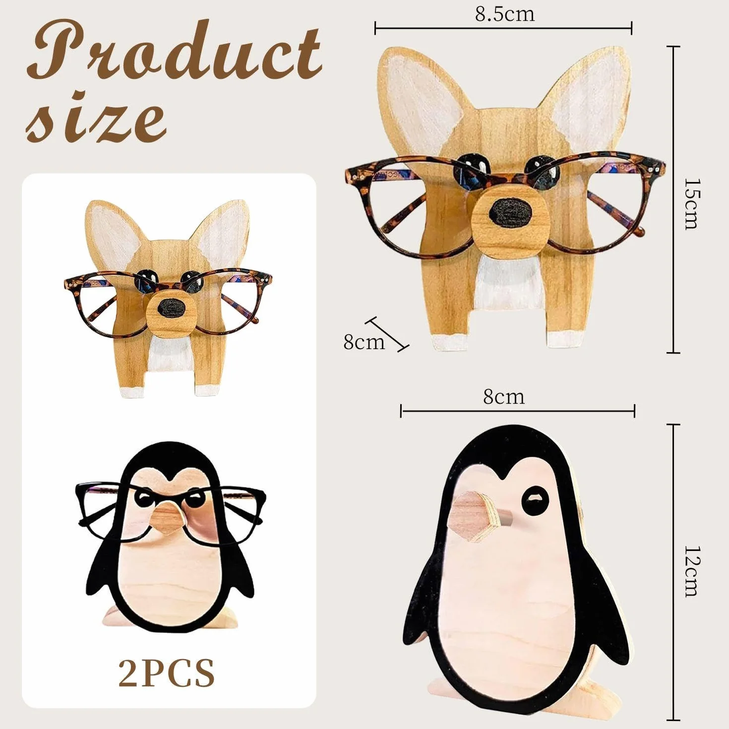 1 x okulary Corgi E 1 x ramka do okularów pingwina, kreatywne oprawki do okularów dla zwierząt, dekoracja pulpitu, Kolor drewna