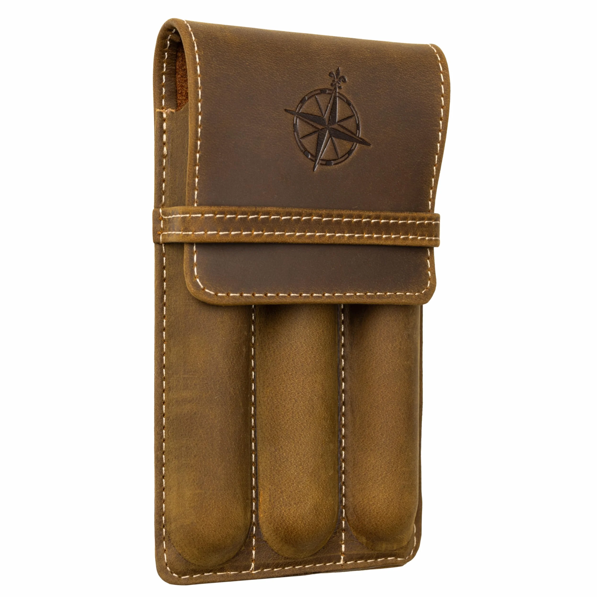 WANDERINGS Skórzane etui na długopisy w stylu vintage z 3 przegródkami – ręcznie wykonane brązowe etui na długopisy – pojedyncze skórzane pokrowce na pióra wieczne, długopisy żelowe i kulkowe – uchwyt