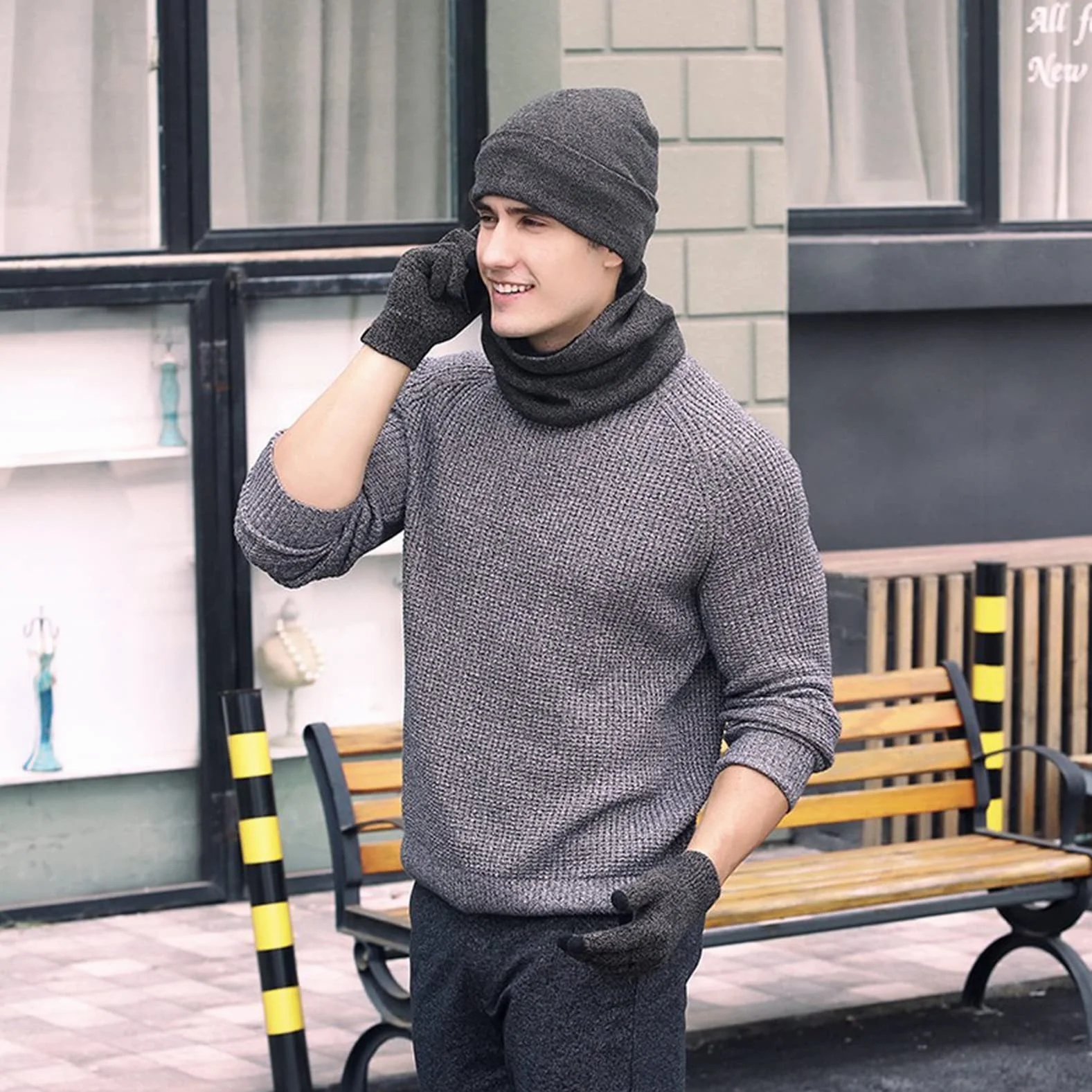 Komplet czapka szalik rękawiczki dla mężczyzn i kobiet, na zimę, z dzianiny, termiczny beanie, snood i rękawiczki z ekranem dotykowym, miękka podszewka z polaru, czapka zimowa dla mężczyzn i