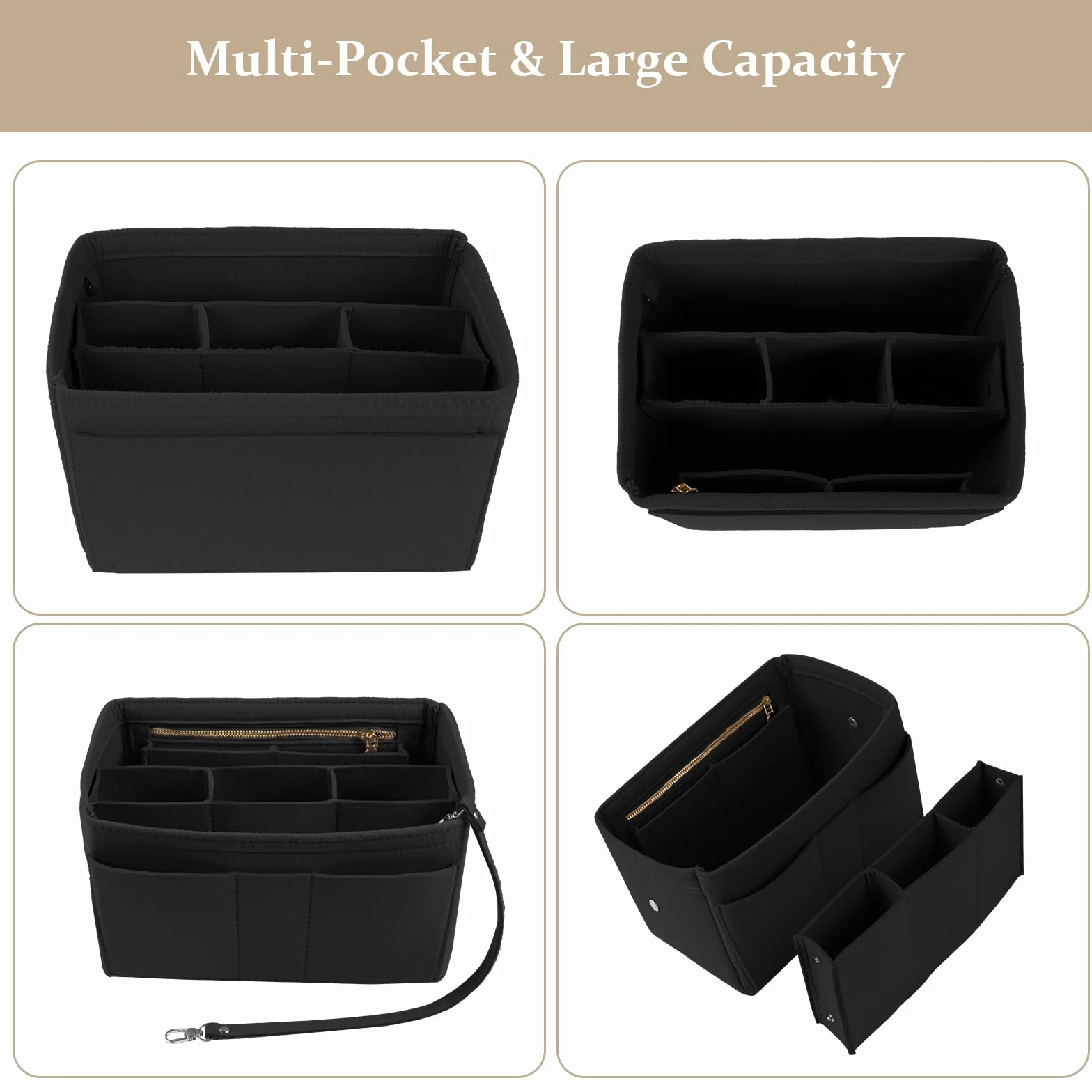 flintronic Filcowy organizer do torebki, organizer do torby na zakupy, torebka z wieloma przegródkami, duża pojemność, dla kobiet, podróżny organizer do makijażu, torba do przechowywania, czarny,