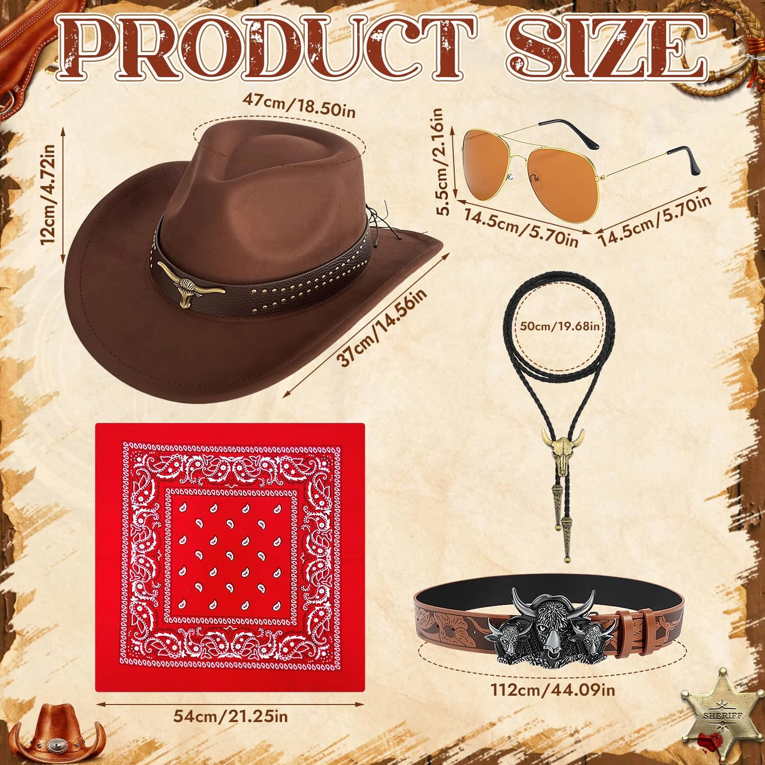 6-częściowy zestaw kostiumu kowbojskiego dla mężczyzn, kostium kowbojski, zestaw akcesoriów z kapeluszem, kamizelka z frędzlami, paisley, bandana, okulary, naszyjnik, dla dorosłych, na karnawał, na