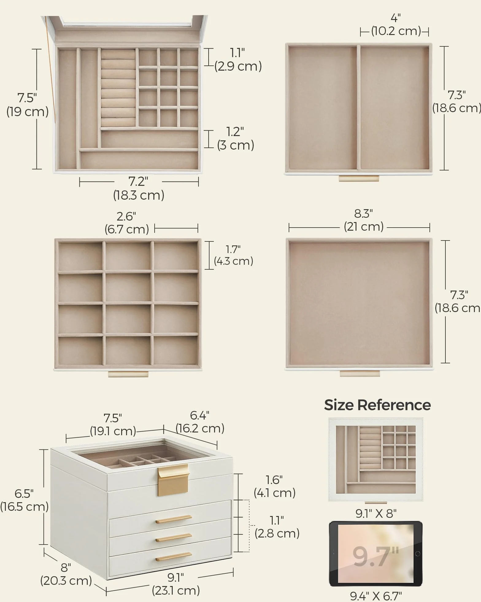 SONGMICS Pudełko na biżuterię, 4 poziomy, ze szklaną pokrywką, miejsce do przechowywania biżuterii, 20,3 x 23,1 x 16,5 cm, chmura białego złota JBC173W01