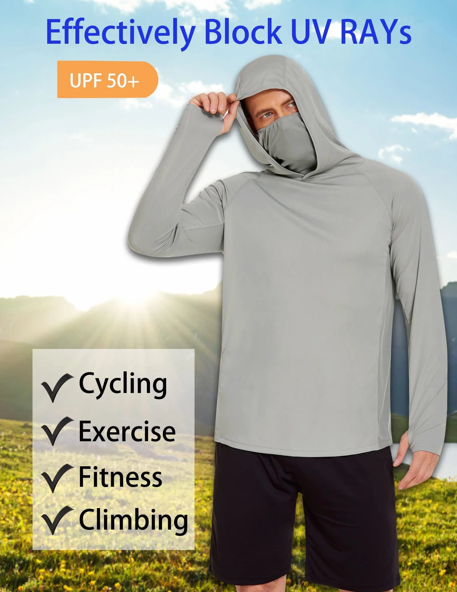 PINSPARK Męska koszulka sportowa UV UPF 50+ ochrona przed słońcem UV koszulka z długim rękawem bluza z kapturem z otworem na kciuk, Rashguard, oddychająca, surfing, wędkowanie, wędrówki