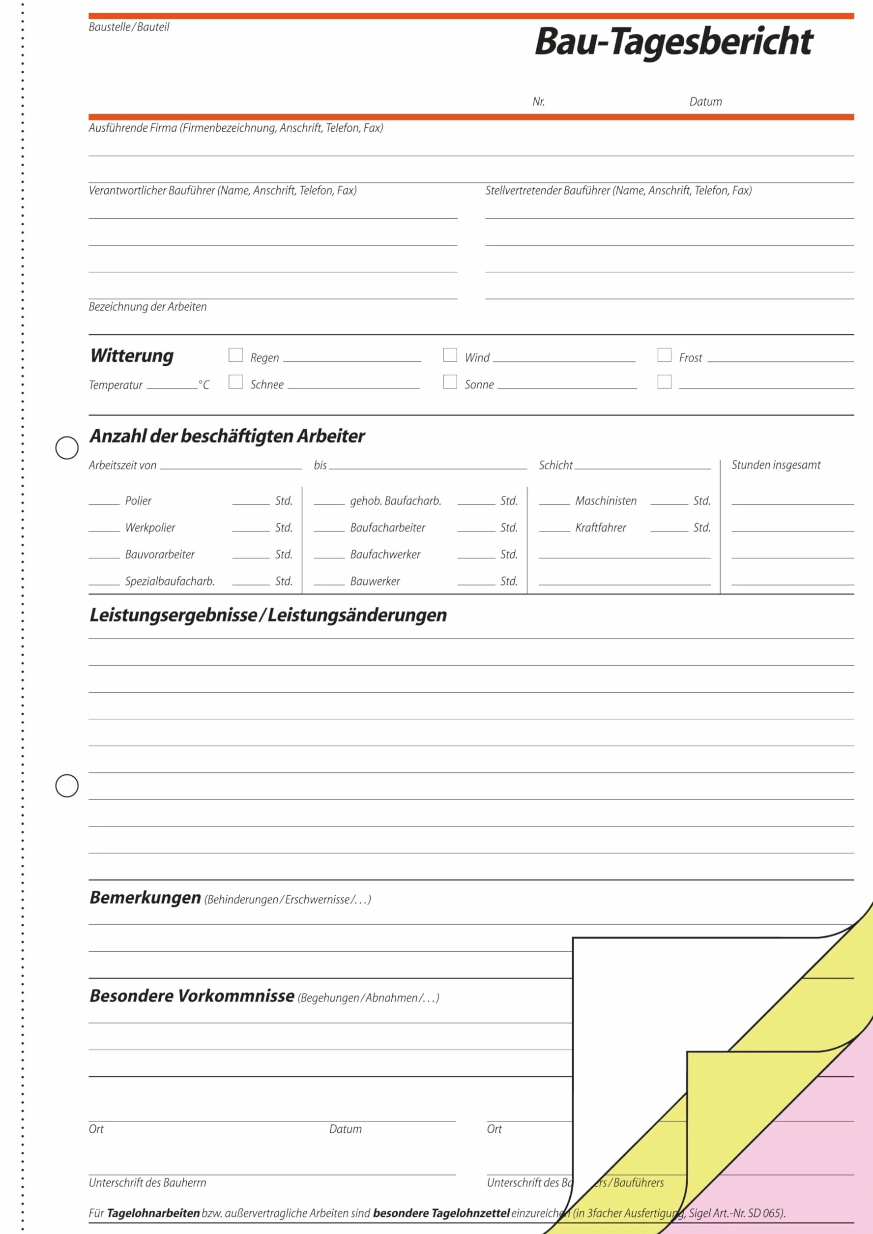 SIGEL SD063 dziennik budowy, A4, 3 x 40 arkuszy, samokopiujący, 1 sztuka