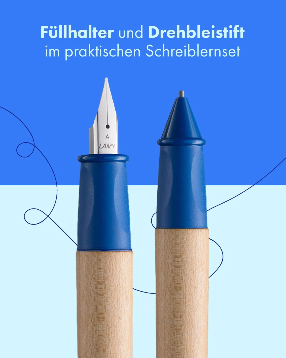 Lamy abc zestaw do nauki pisania niebieski wraz z opakowaniem na prezent, 1 x pióro z cienkiej piór i 1 ołówek, antypoślizgowy uchwyt, nasadka i kostka z tworzywa sztucznego