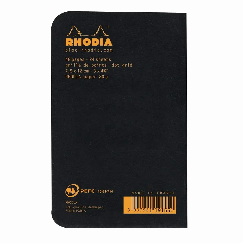 RHODIA 119155C – Notes zszywany w kolorze czarnym – 7,5 x 12 cm – punktowy układ stron – 48 stron – papier Clairefontaine biały 80 g/m² – miękka powlekana, wodoodporna okładka – Classic
