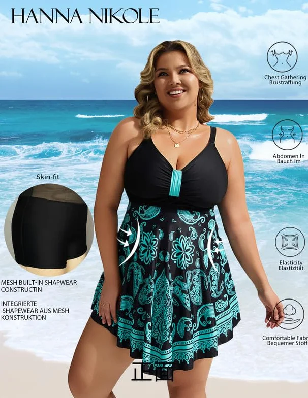 Hanna Nikole Sukienka Kąpielowa Duży Rozmiar Jednoczęściowy Wyszczuplający Brzuch Moda Kąpielowa Miękka Moda Plażowa z Szortami Kąpielowymi i Regulowanym Paskiem na Ramię