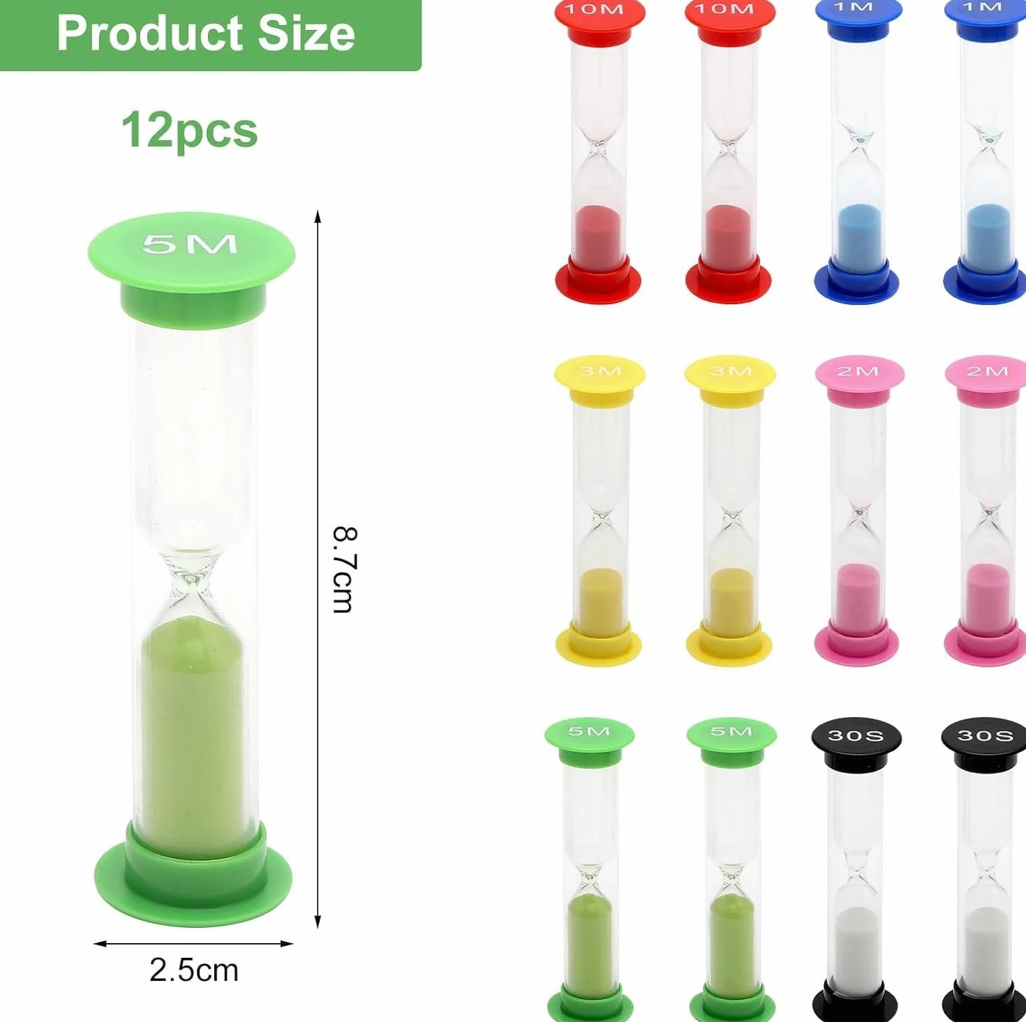 Kolorowa klepsydra 12 sztuk 30s, 1 min, 2 min, 3 min, 5 min, 10 minut, timer, klepsydra, dla dzieci, dekoracja domu, zabawa