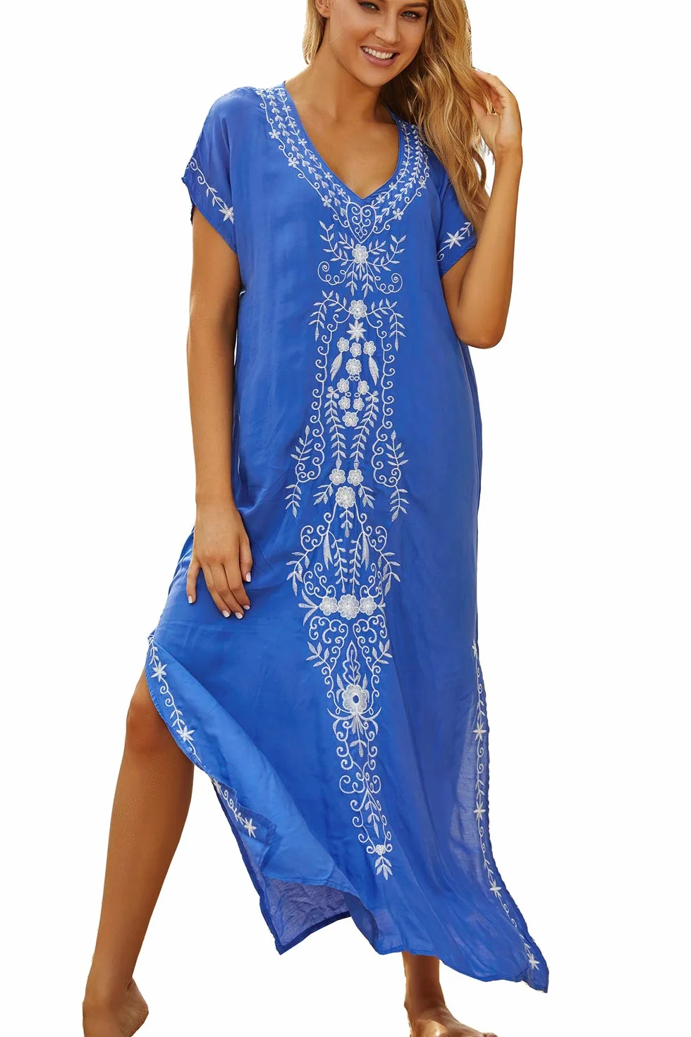 Letnia bawełniana haftowana kwiecista luźna kaftan boho plaża bikini okrycie sukienka plus size szlafrok dla kobiet