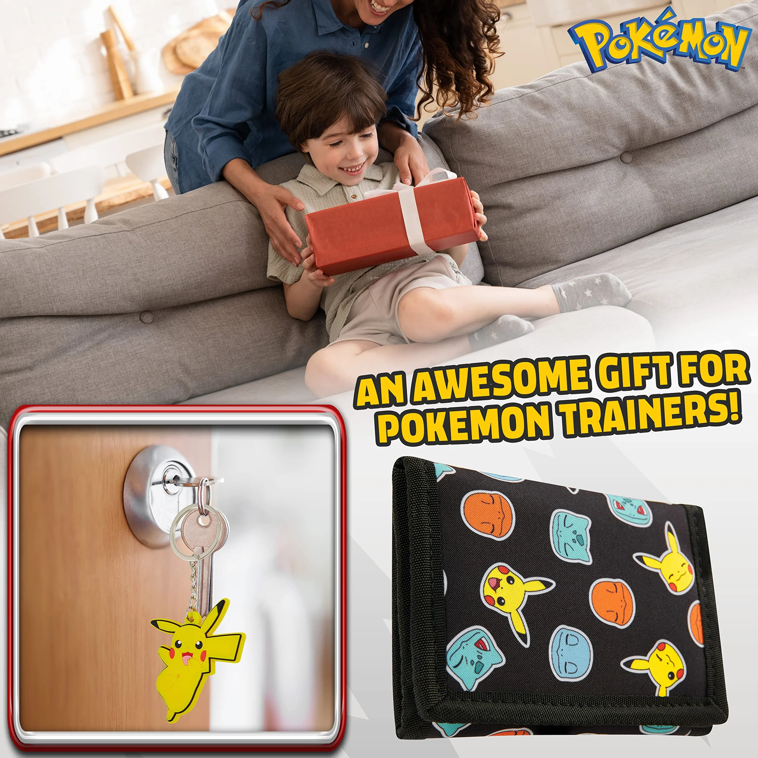 Pokemon Portfel dla dzieci, nastolatków, anime, potrójnie składany, płócienny portfel z kieszonką na dowód osobisty, portmonetką i brelokiem, Pikachu, zestaw upominkowy do podróży, aktywności na