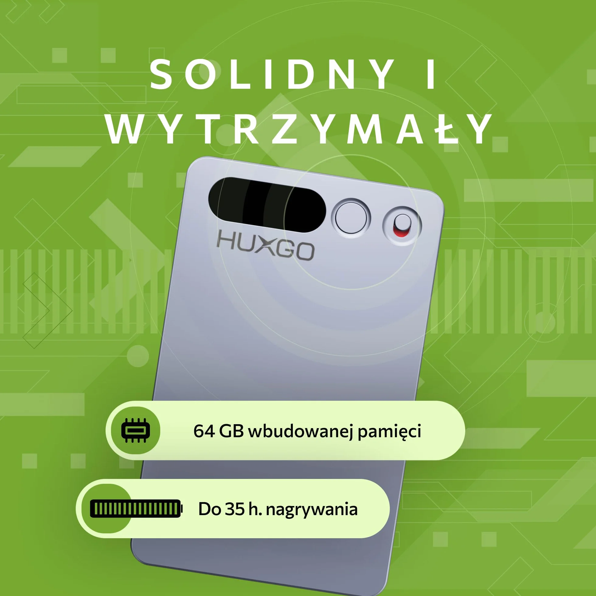 Dyktafon Cyfrowy AI 64GB z Podwójnym Mikrofonem i Redukcją Szumów – 35 h Nagrywania, Bluetooth 5.3, Aplikacja do Transkrypcji i Tłumaczenia (118+ Języków) - HUXGO®