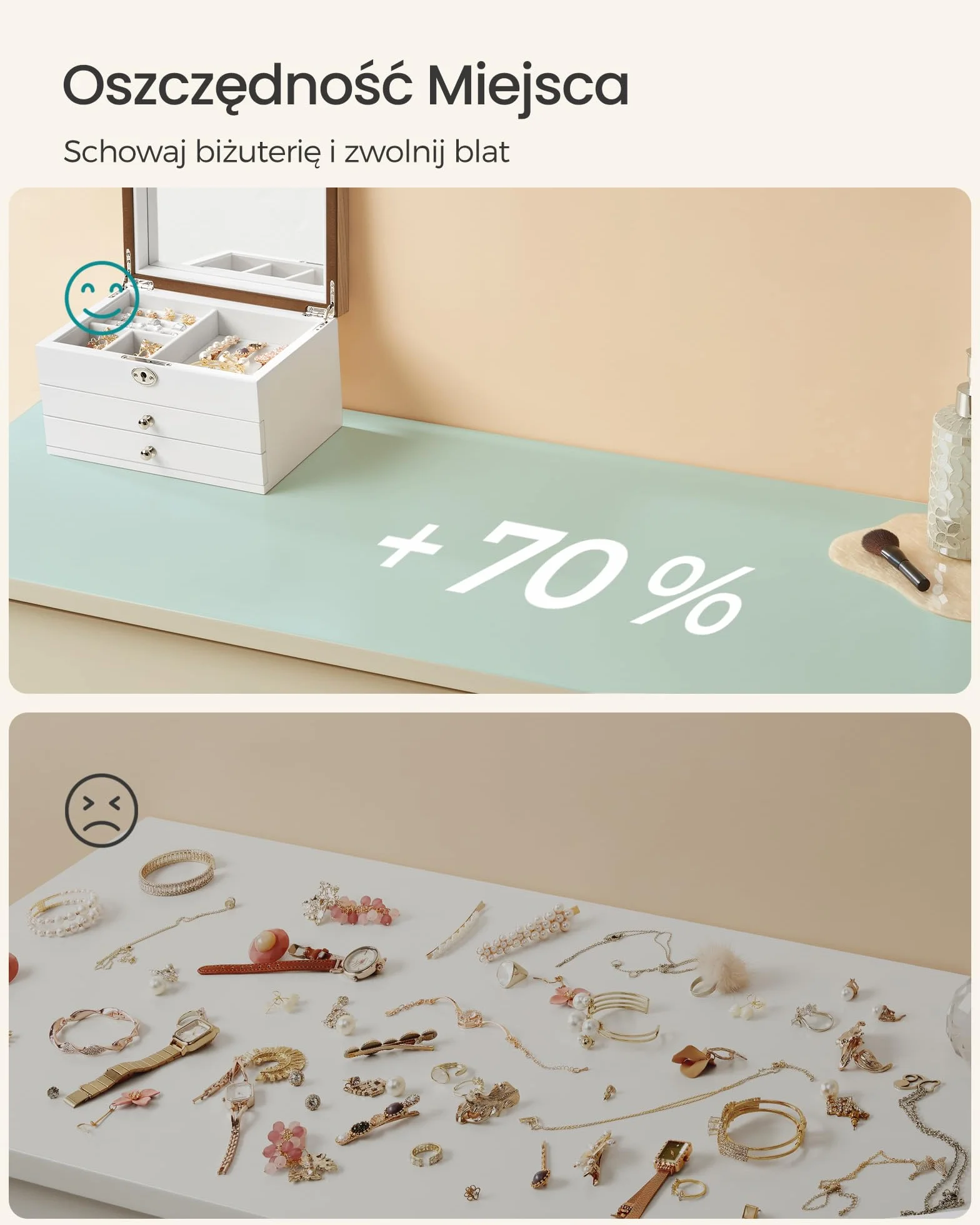 SONGMICS szkatułka na biżuterię z 3 poziomami, szkatułka na biżuterię z materiału drewnopochodnego, organizer na biżuterię, pudełko na biżuterię, z szufladami, na pierścionki, kolczyki, bransoletki i naszyjniki, na Boże Narodzenie, biała, JOW15WN