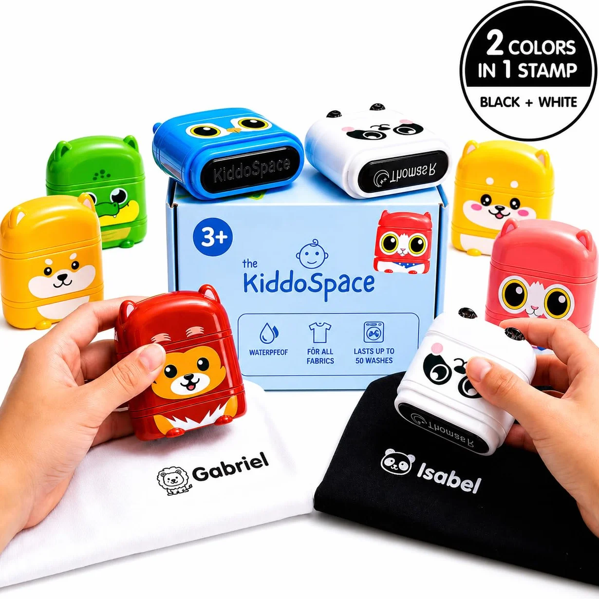 KiddoSpace stemple z imieniem dla dzieci - Kiddostamp dwustronna spersonalizowana pieczęć z imieniem - spersonalizowane znaczki odzieżowe - wodoodporna pieczęć z imieniem (biały + czarny atrament)