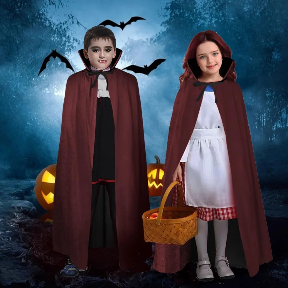 AOOWU Peleryna na Halloween, damska peleryna wampira, peleryna wampira z kołnierzem, czarno-czerwona, dwustronna, dla dzieci, na Halloween, Boże Narodzenie, karnawał (90 cm)