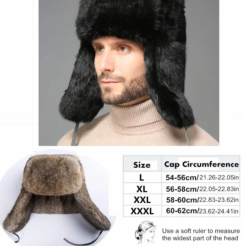 Męska zimowa czapka Aviator z prawdziwego futra królika, męska damska czapka futrzana ze 100% nausznikami z futra królika, wiatroszczelna