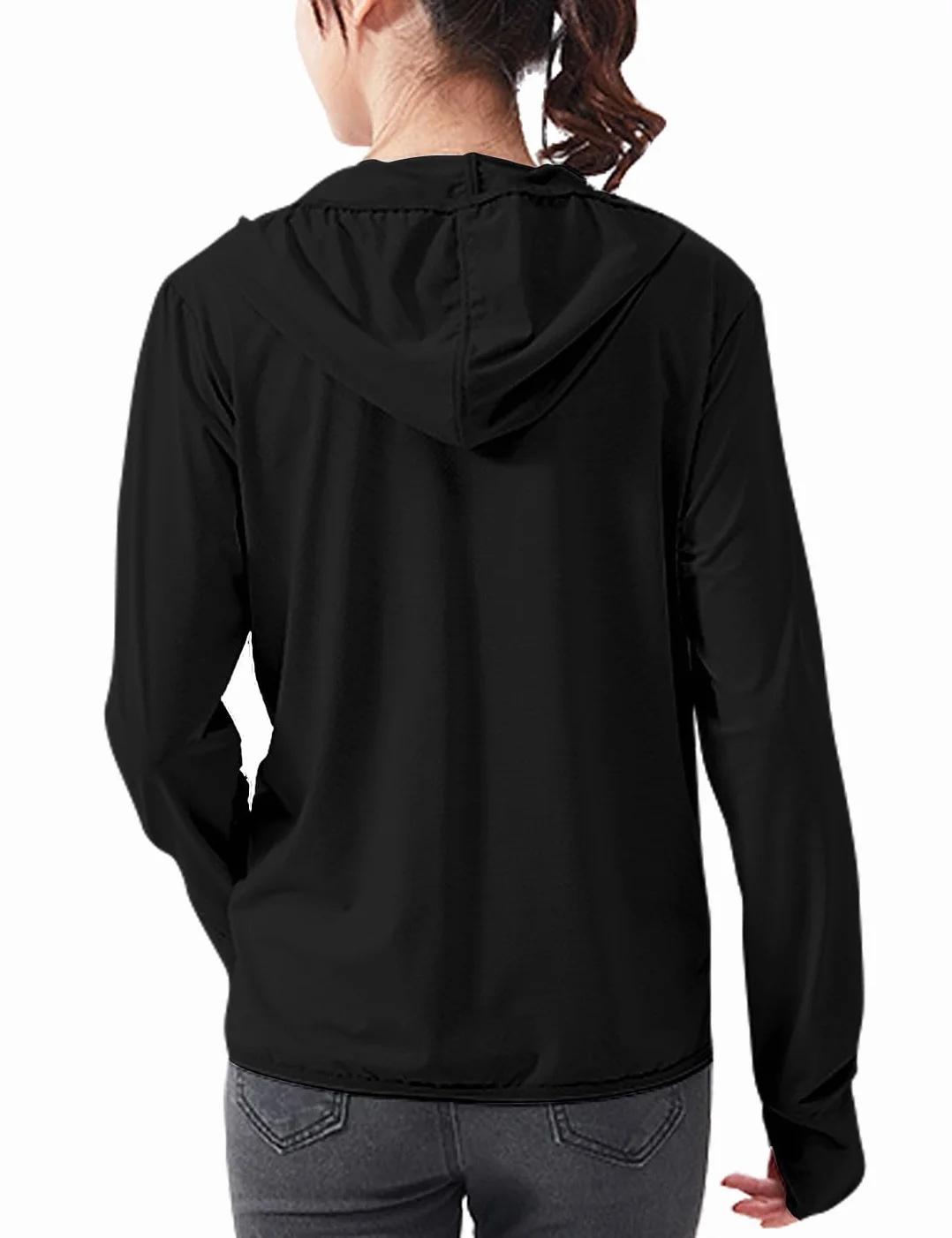 Damska bluza z kapturem UPF 50+, do biegania, lekka kurtka UV, sportowa, cienka, zapinana na zamek błyskawiczny, na wędrówki, z długim rękawem, SPF z otworami na kciuki