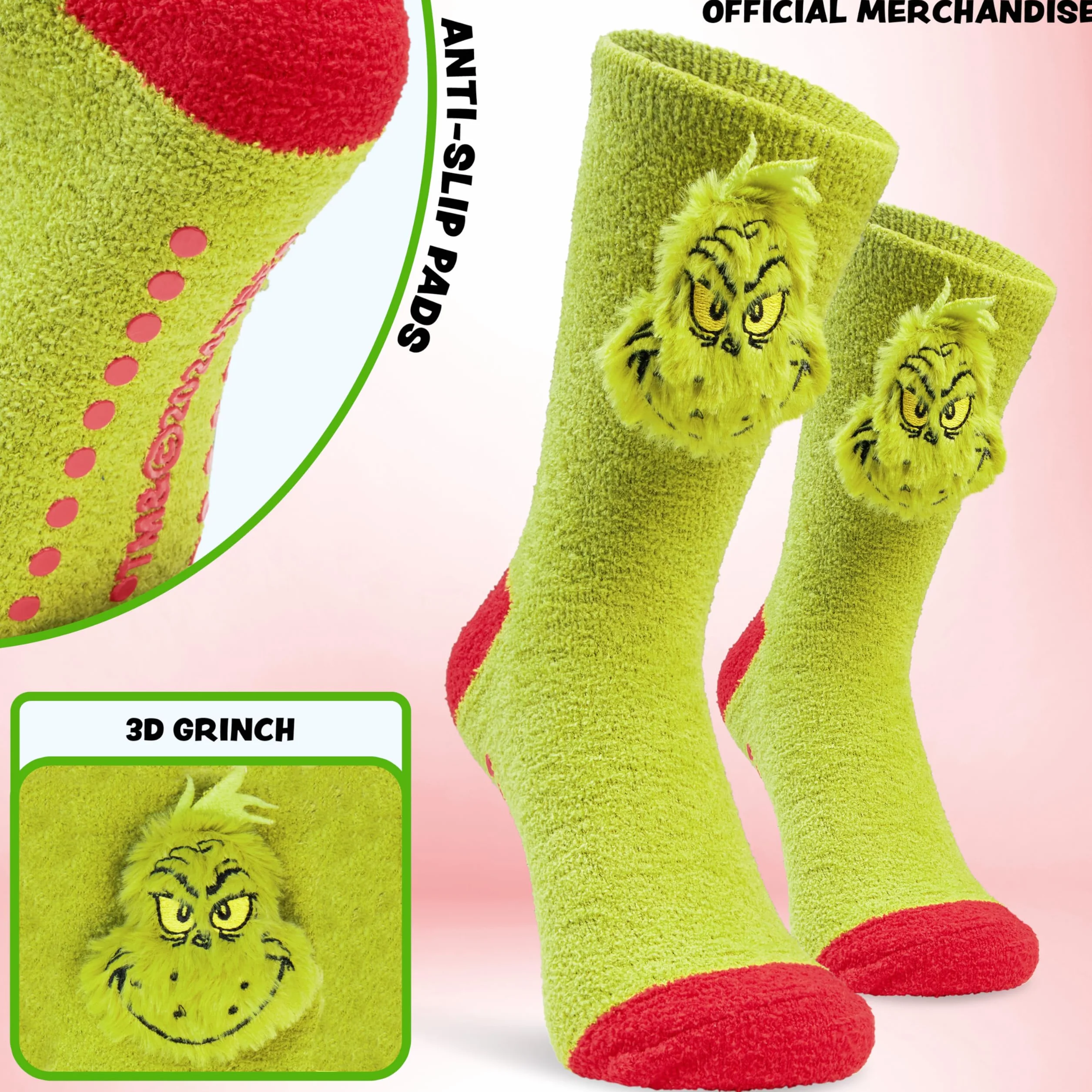 The Grinch Kapcie skarpety dla mężczyzn i nastolatków rozmiar UK 6,5-10,5, ciepłe, puszyste antypoślizgowe skarpety do łóżka, Boże Narodzenie tajemniczy Mikołaj prezenty dla mężczyzn