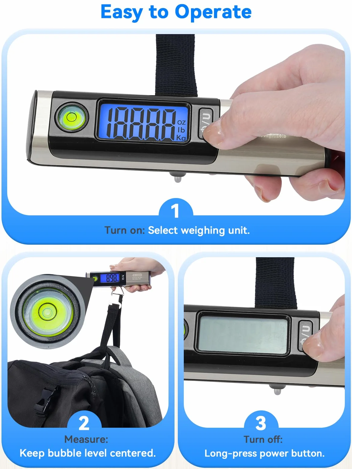 Dr.meter Waga podróżna z taśmą mierniczą, praktyczna cyfrowa waga bagażowa z hakiem (50 kg/110 lb) z wyświetlaczem LCD i ramieniem przeciążeniowym. Zintegrowana taśma miernicza do podróży wraz z