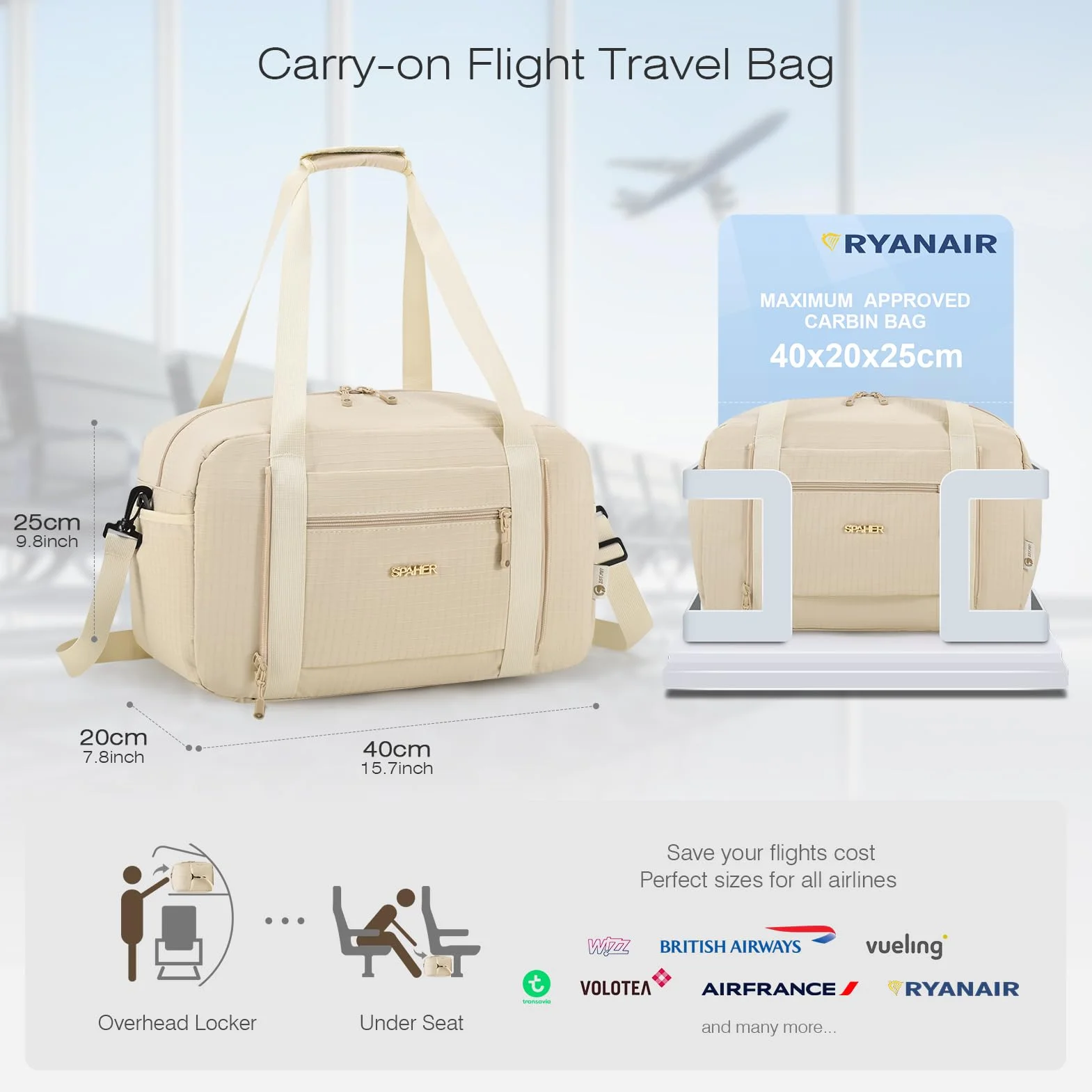 SPAHER Torba Podróżna Bagaż Podręczny Ryanair 40x20x25 Torba Sportowa Weekendowa Pływacka Wodoodporna Torby Szpitalna Ciążowa Fitness Cabin Duffle Bag dla Kobiet Mężczyźni