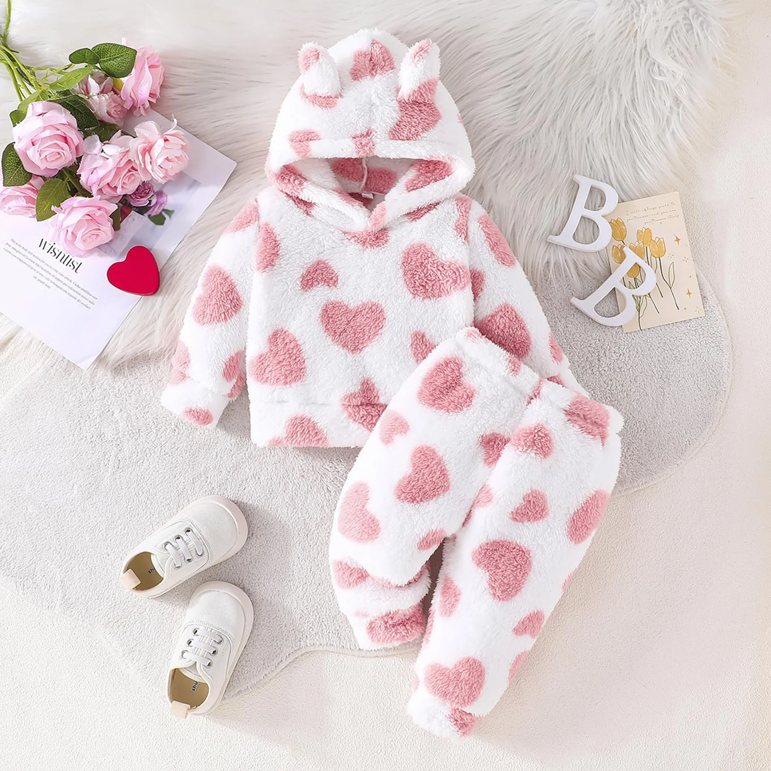 Kunyeah 2 szt. ubranka dla dziewczynek z polaru, dla małych dzieci, pluszowe, bluza dla noworodków, długi rękaw, zestaw spodni, ciepłe bluzy z kapturem, strój