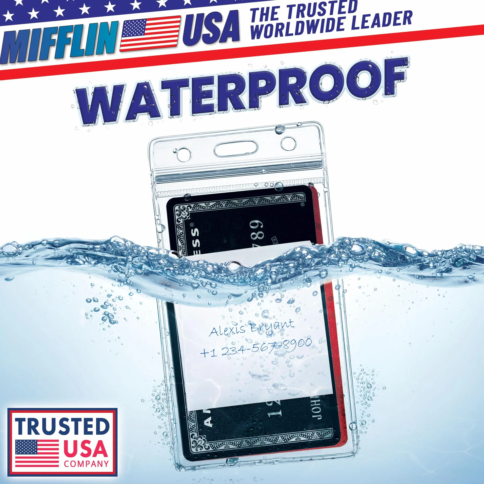 Mifflin Plastic Waterproof ID Badge Holders (Clear, 5,7x8,9 cm, 10 Pack) Vertical Hanging Name Card Holder with Zipper, Resealable Bulk