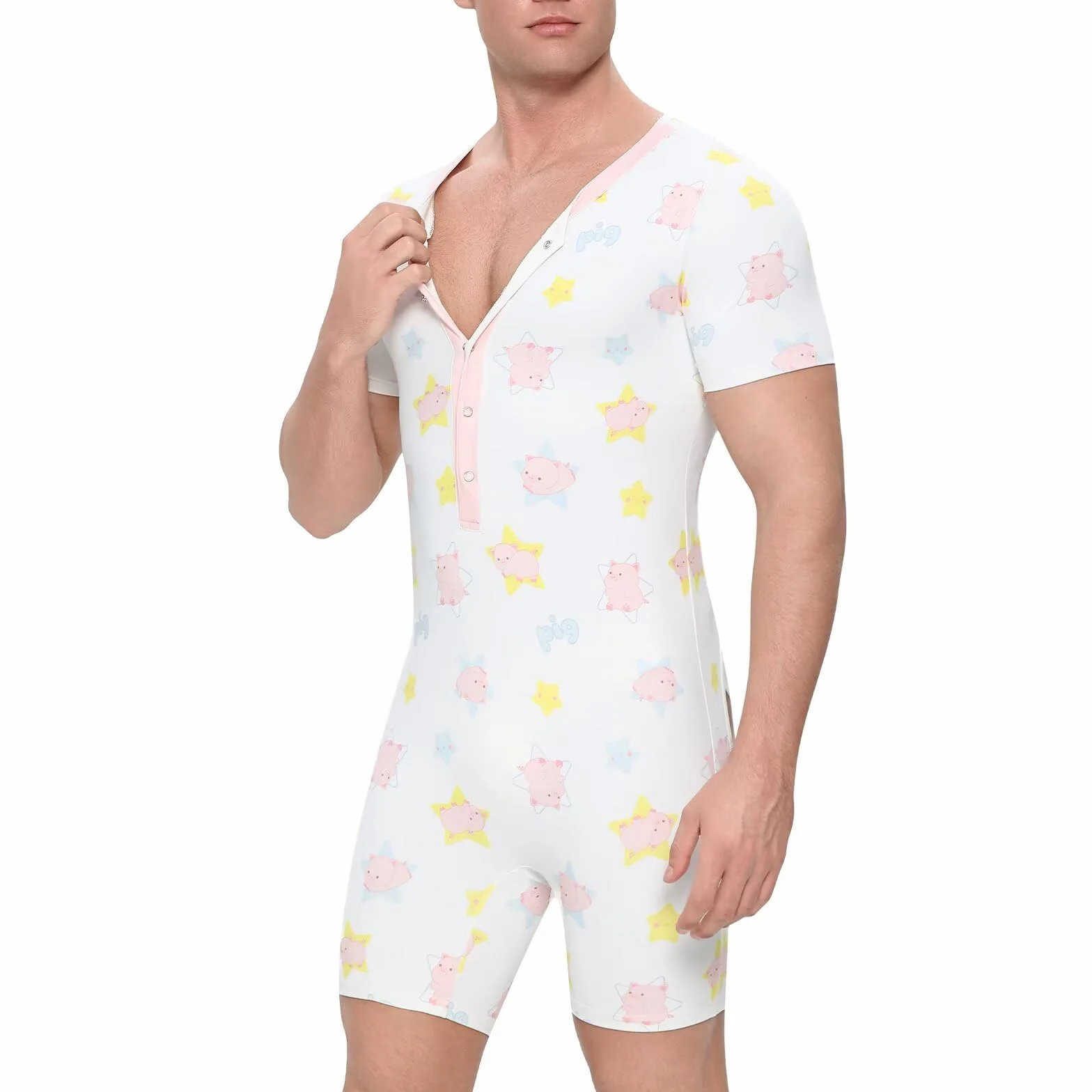 Landofgenie Body Męskie z Krótkimi Rękawami – Projekt Boxerski, Rząd Guzików i Bezplecy Onesie Pizama