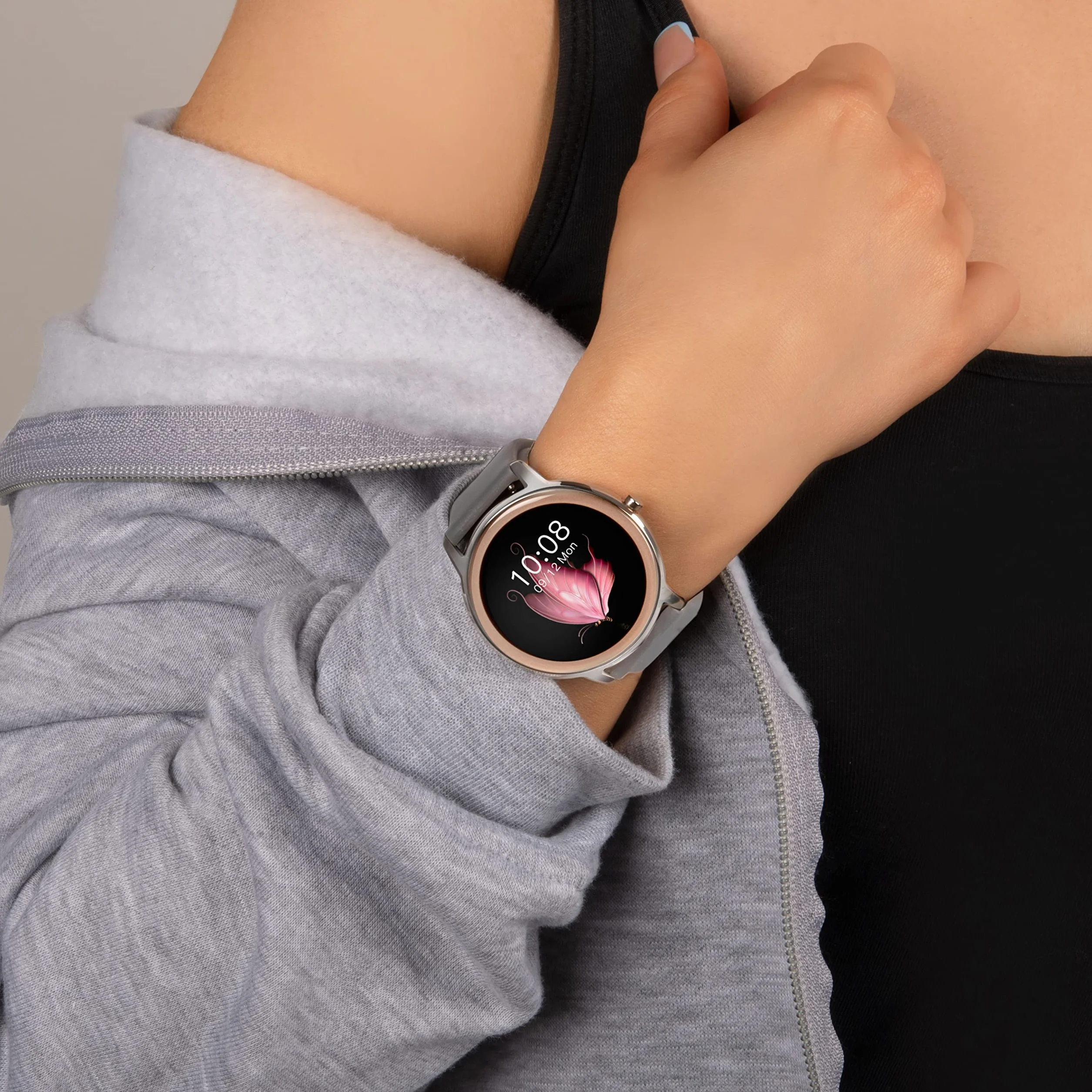 Sekonda Flex damski smartwatch z pulsometrem i monitorem snu, codzienna aktywność, sport, muzyka, funkcja pogody i wiadomości, srebrna obudowa z silikonowym paskiem, 42 mm, Srebrny / szary, Standard,