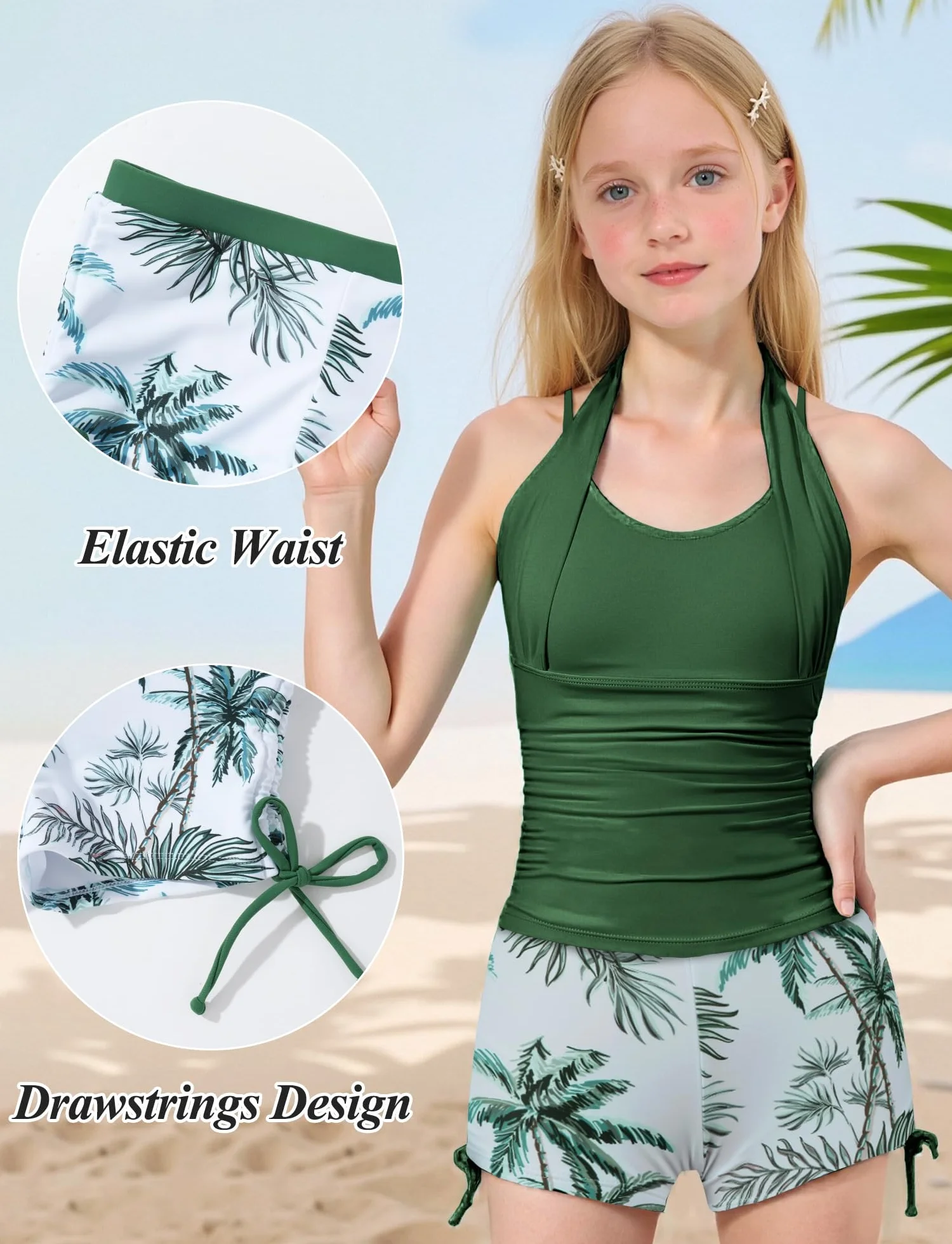 Happy Cherry Dziewczęcy strój kąpielowy, 2-częściowy, tankini z ramiączkami, z nadrukiem, szorty kąpielowe ze ściągaczem, moda kąpielowa dla dzieci, nastolatki, sukienka kąpielowa, na lato, plażę